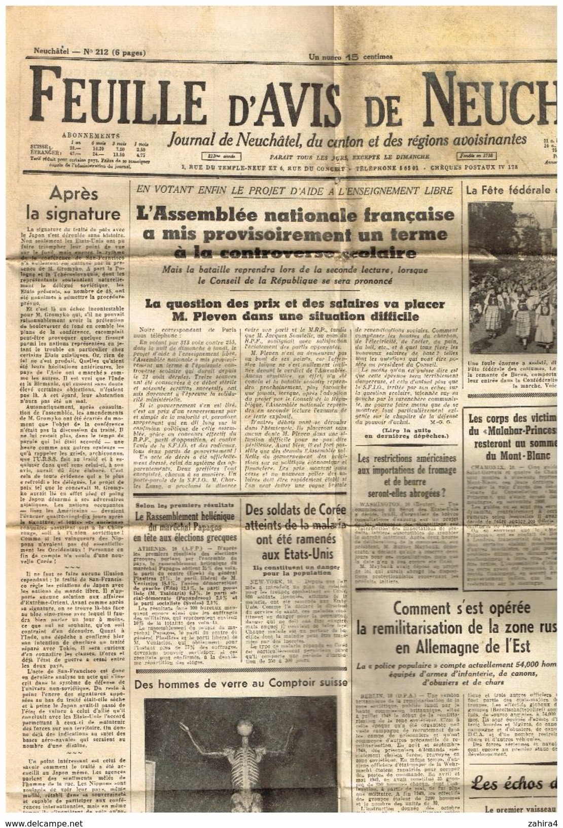 Suisse - Feuille D'avis De Neuchatel N° 212 Journal De Neuchatel, Du Canton Et Des Régions Avoisinantes - 1950 - Oggi