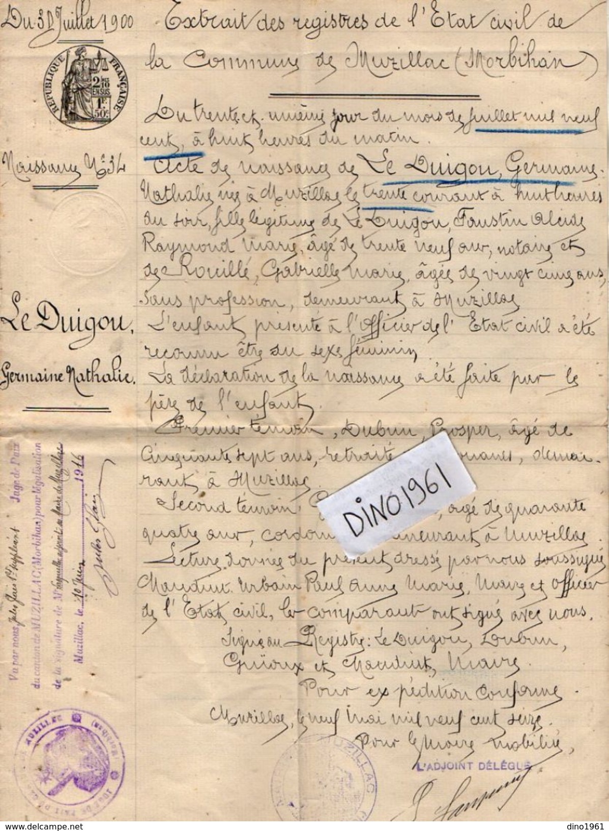 VP10.844 - Mairie De MUZILLAC - 1916 - Généalogie - Extrait D' Acte De Naissance De G.N. LE DUIGOU Née Le 30 - 07 - 1900 - Collections