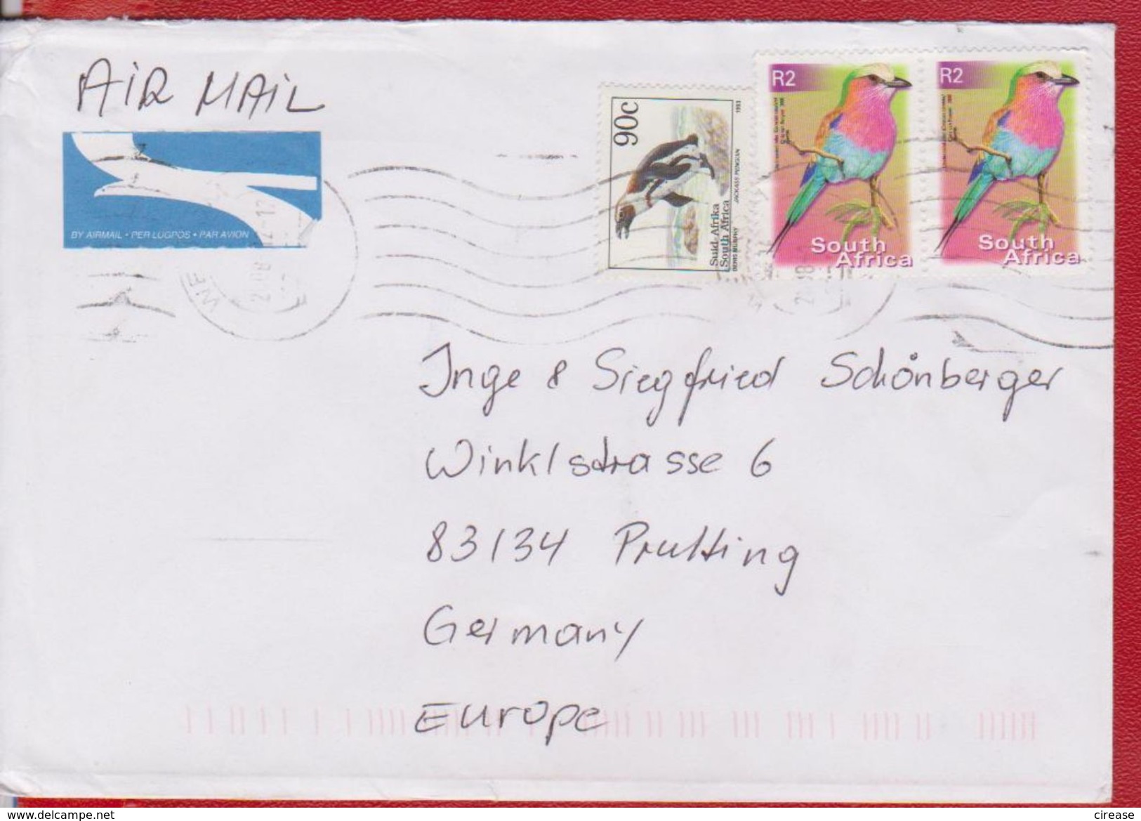 PAR AVION LETTER  COVER SOUTH AFRICA SENT GERMANY STAMPS BIRD PINGUIN - Poste Aérienne