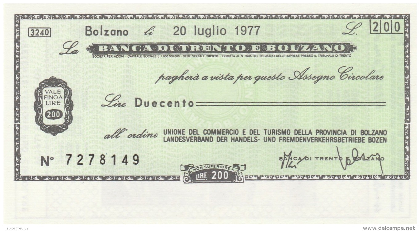MINIASSEGNO BANCA TRENTO BOLZANO 200 L. UN COMM TURISMO BZ (A63---FDS - [10] Cheques En Mini-cheques