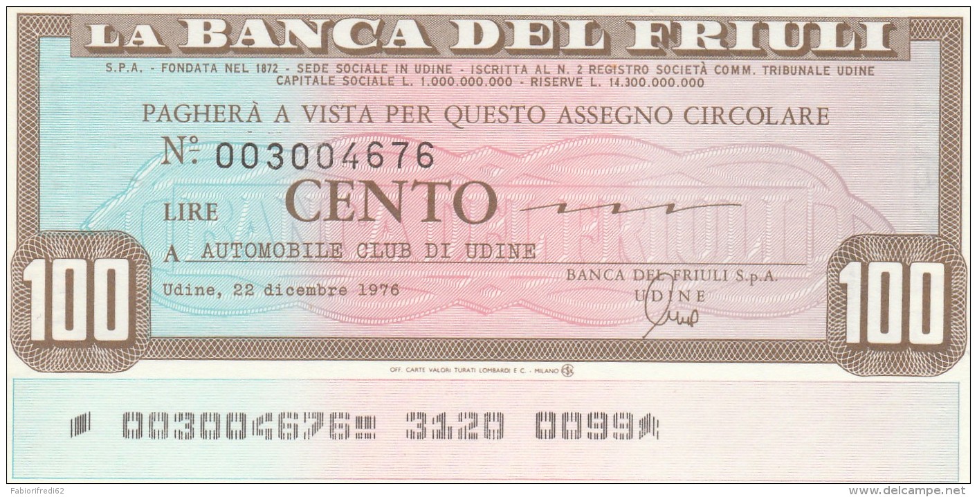 MINIASSEGNO BANCA FRIULI 100 L. ACI UD (A242---FDS - [10] Assegni E Miniassegni