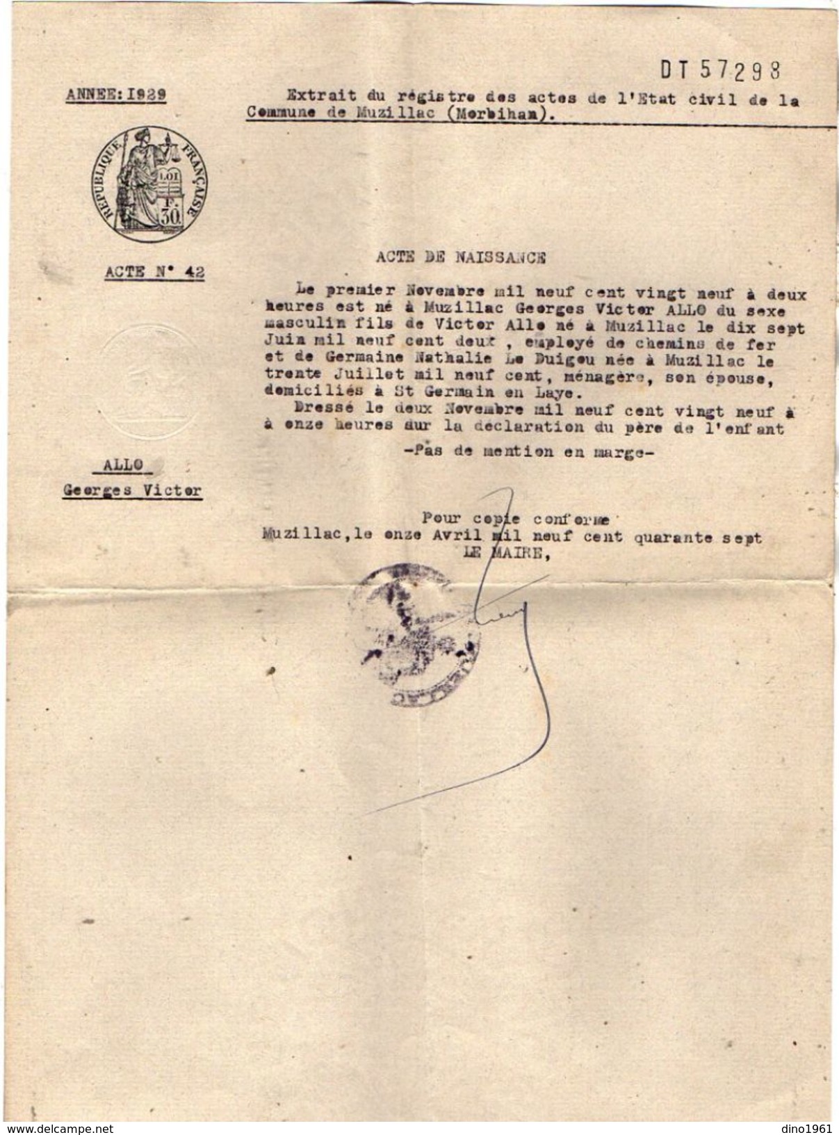 VP10.849 - Mairie De MUZILLAC - 1947 - Généalogie - Extrait D'Acte De Naissance De G.V. ALLO Née Le 01 - 11 - 1929 - Collections