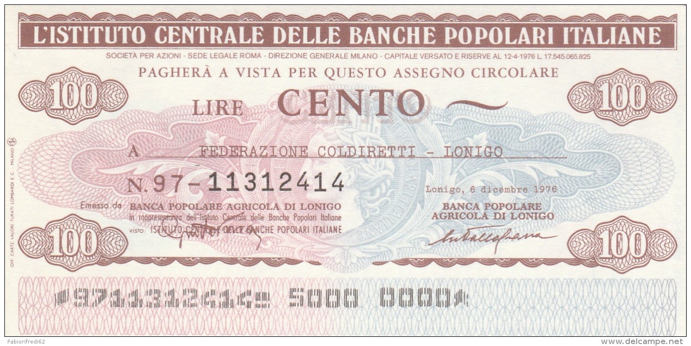 MINIASSEGNO IST.CENTR. BP ITALIANE 100 L. COLDIRETTI LONIGO (A571---FDS - [10] Checks And Mini-checks