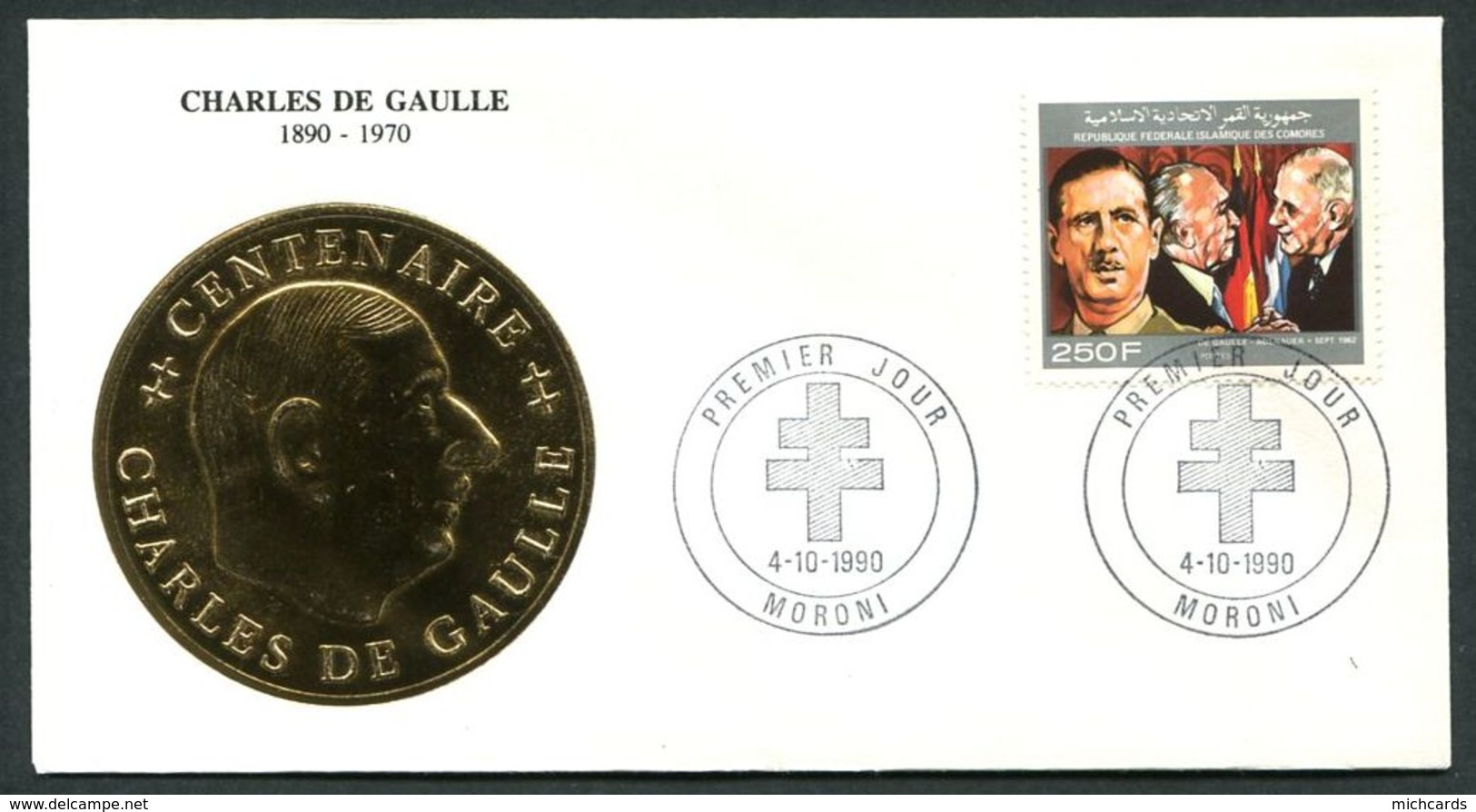 Env 1er Jour - CHARLES DE GAULLE - Comores - MORONI - Cachet Du 4 Oct 1990 (Medaillon OR) - De Gaulle (General)