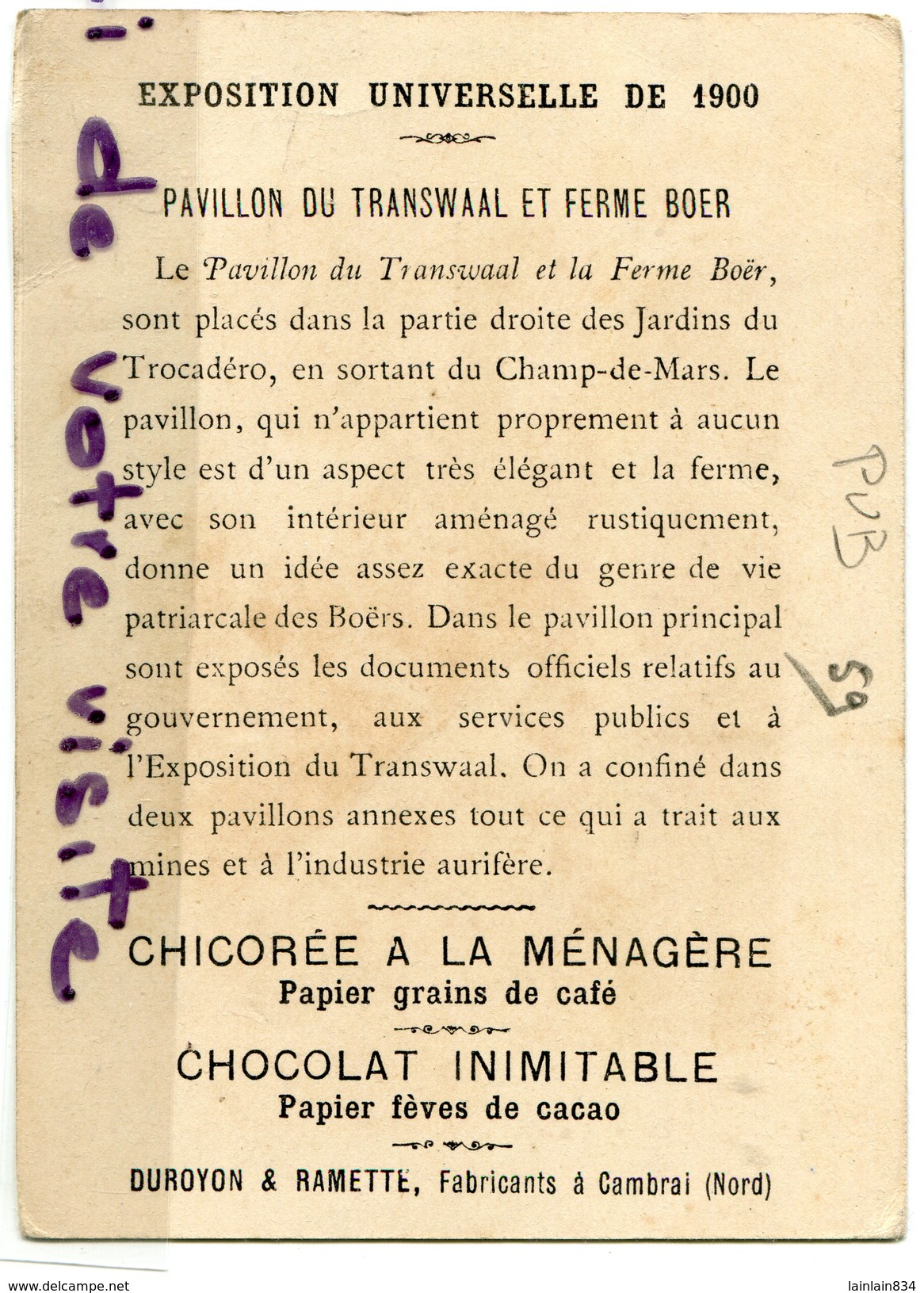 - N° 10 - Ancienne Chromo - Chocolat DUROYON-RAMETTE,  Cambrai, Exposition De 1900, Transwaal, Pavillon, TBE, Scans. - Other & Unclassified