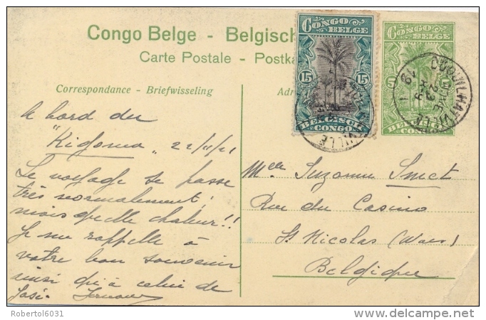 Belgian Congo Postal Stationery Picture Postcard "Banana View Of The River" 5 C. + 15 C. Posted 1921 From Coquilhatville - Ganzsachen