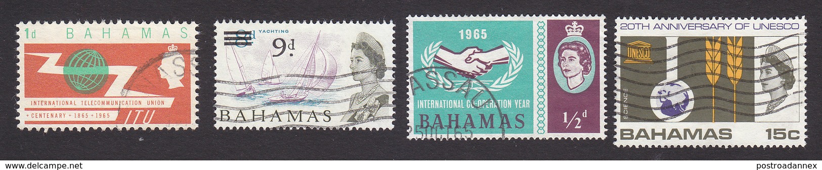 Bahama, Scott #219, 221-222, 250, Used, ITU, Sailboats Surcharged, Int'l Cooperation, UNESCO, Issued 1965-66 - 1963-1973 Ministerial Government