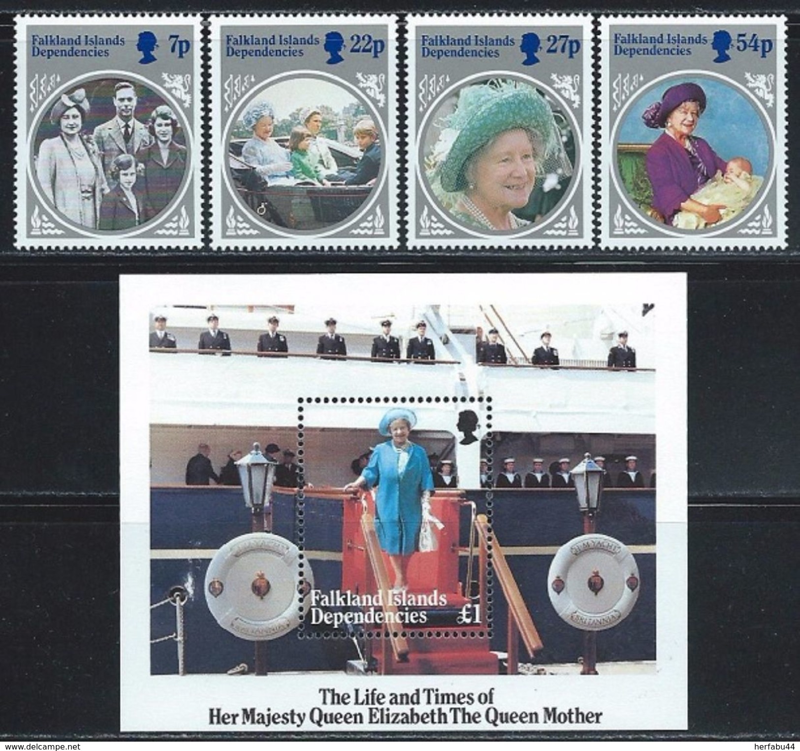 Falkland Islands Dep.     "Queen Mother"    Set  & Souv. Sheet    SC# 1L92-96   MNH - Falkland Islands