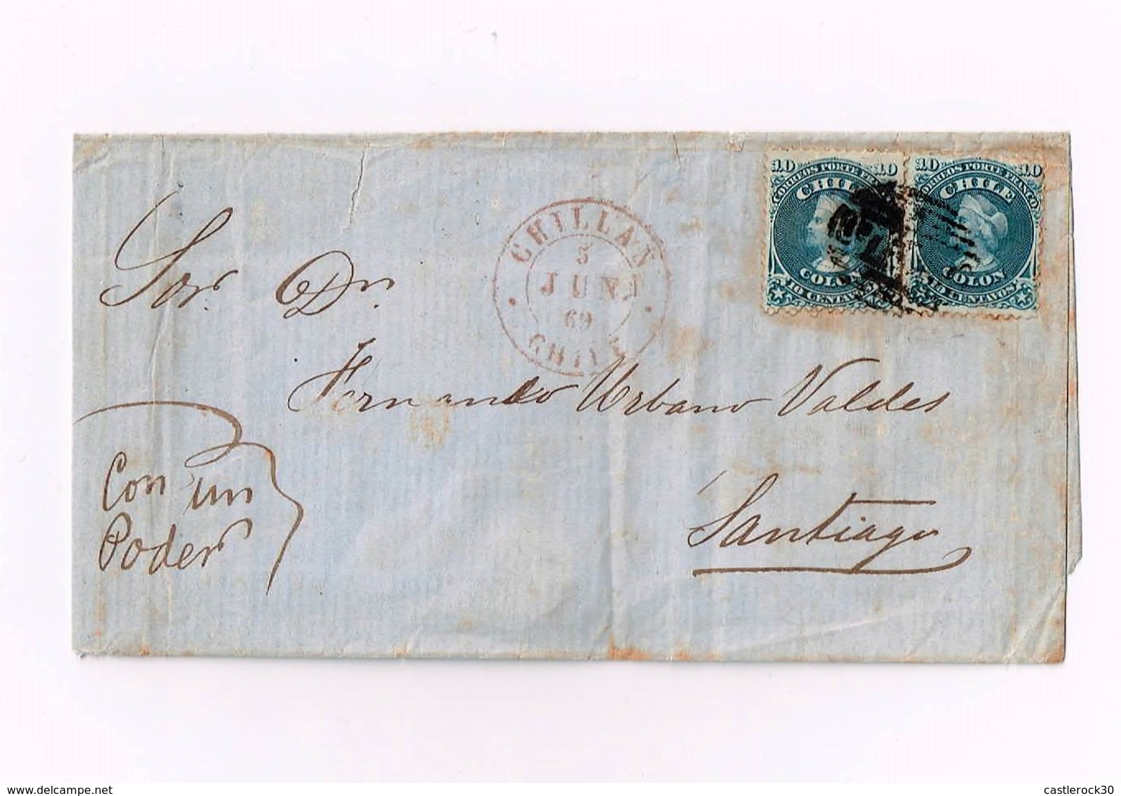 R) 1869 CHILE, CHILLAN TO SANTIAGO, SEALS OF 10 CENTS BLUE (2) 5C 18 TRIPLE RATE VIA CANO - Chile