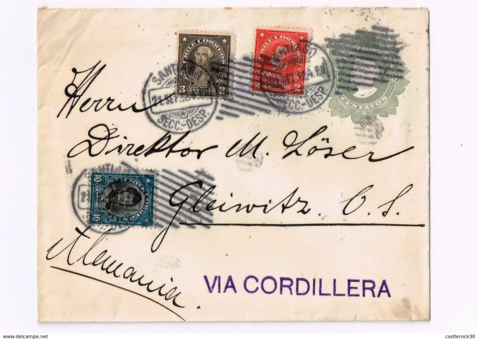 R) 1912 CHILE, SANTIAGO VIA CORDILLERA TO GERMANY, SEALS WITH  MUTE POST MARK COLON PRINT SEAL - Chile