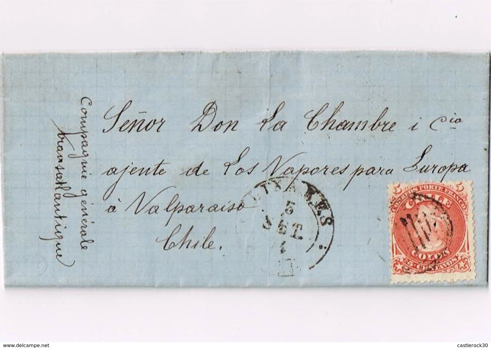 R) 1874 CHILE, LINARES TO VALPARAISO. 5 CTS RED & , MUTE REX CIRCULES RARE CATE USAGE - Chile