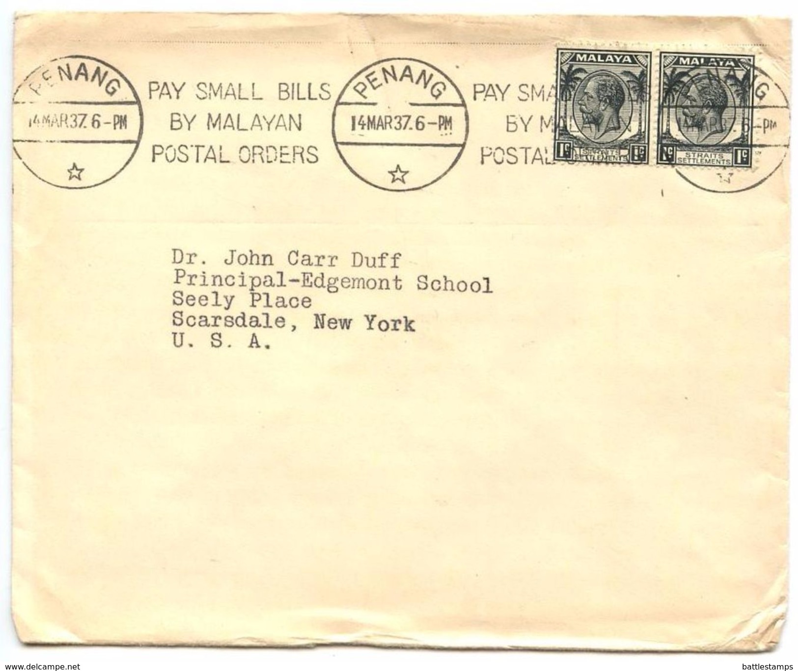 Strait Settlements 1937 Cover Penang To Scarsdale, New York - Straits Settlements