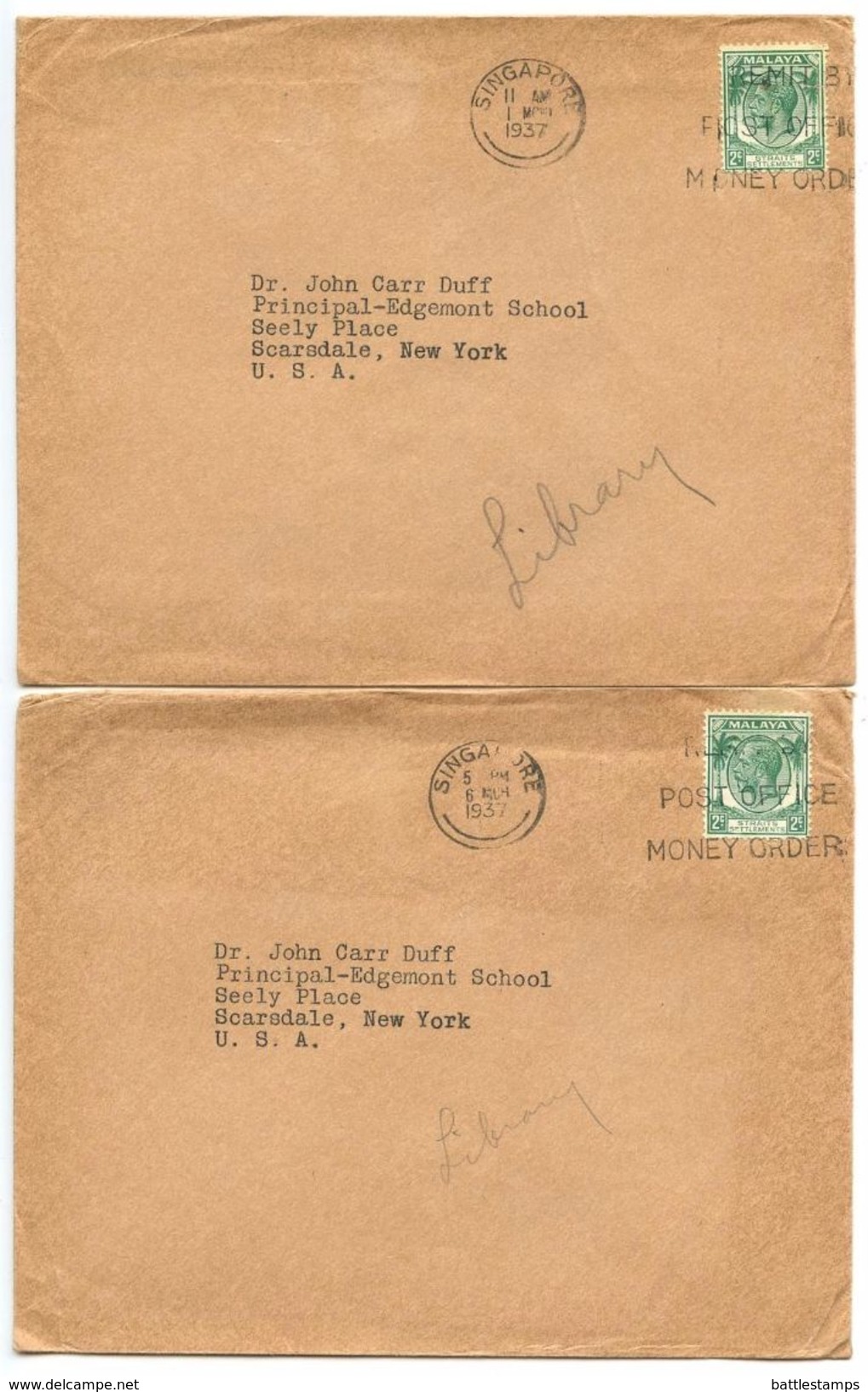 Strait Settlements 1937 2 Covers Singapore To Scarsdale, New York - Straits Settlements