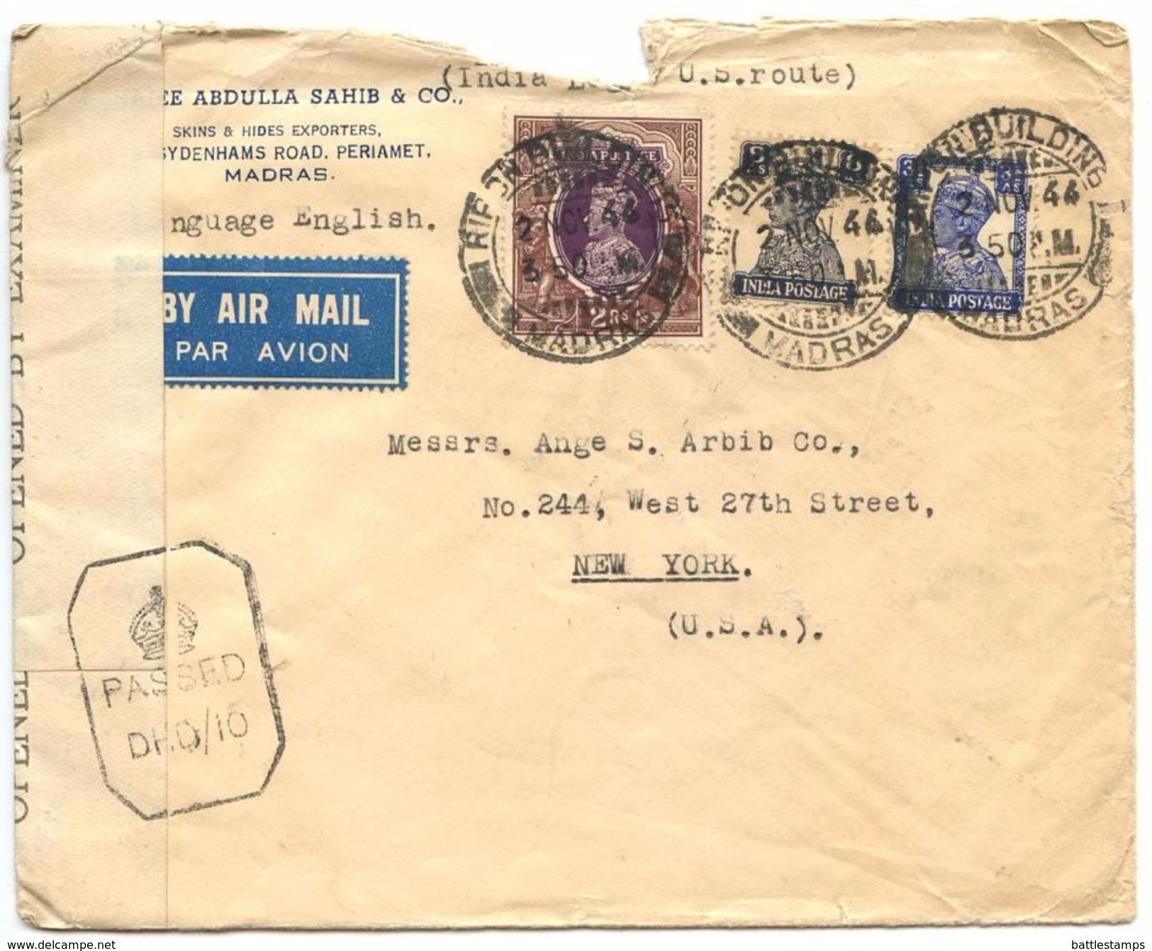 India 1944 Airmail Cover Ripon Building, Madras To New York, Censor - 1936-47 King George VI
