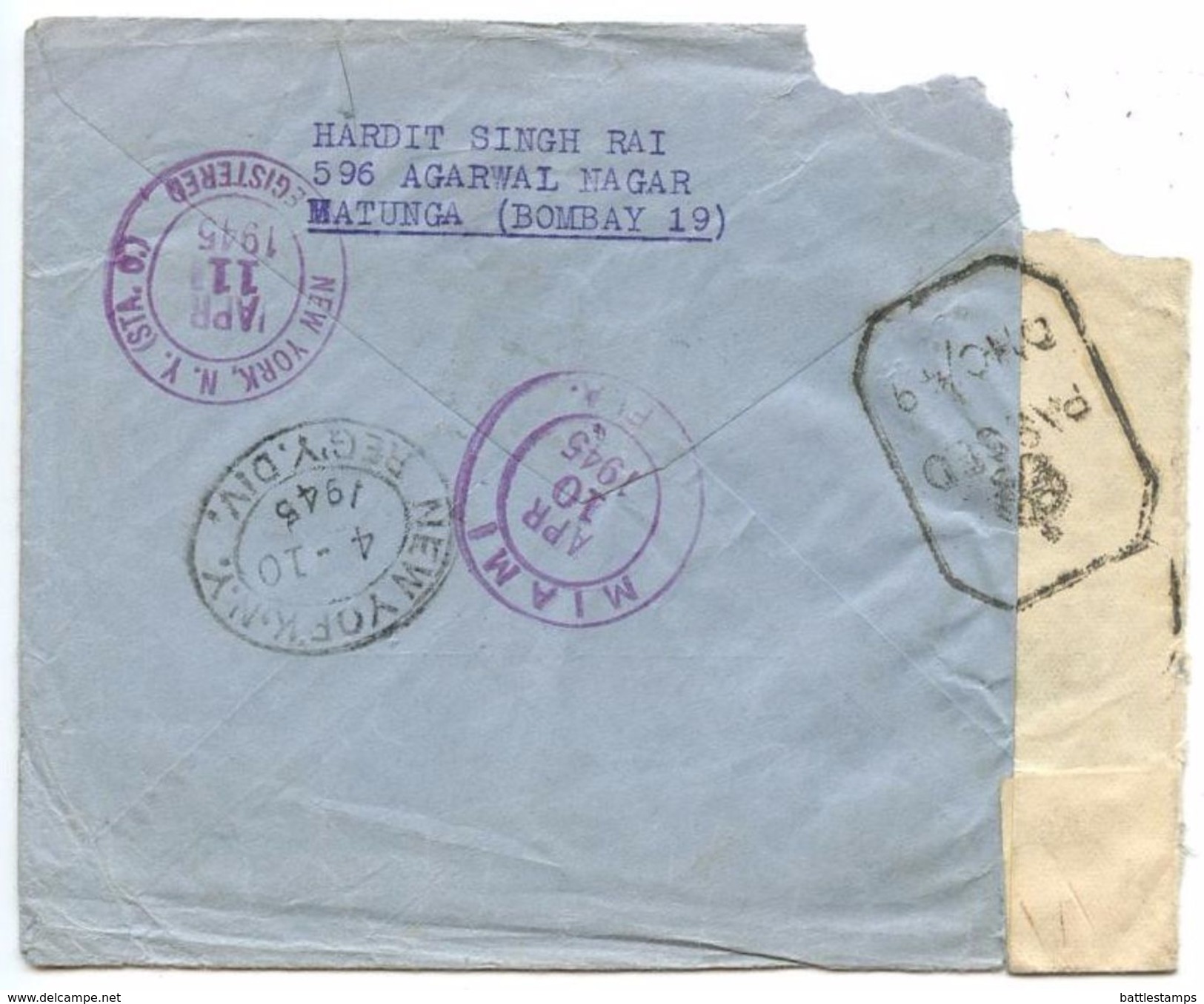 India 1945 Registered Airmail Cover Bombay To New York, Censor - 1936-47 King George VI