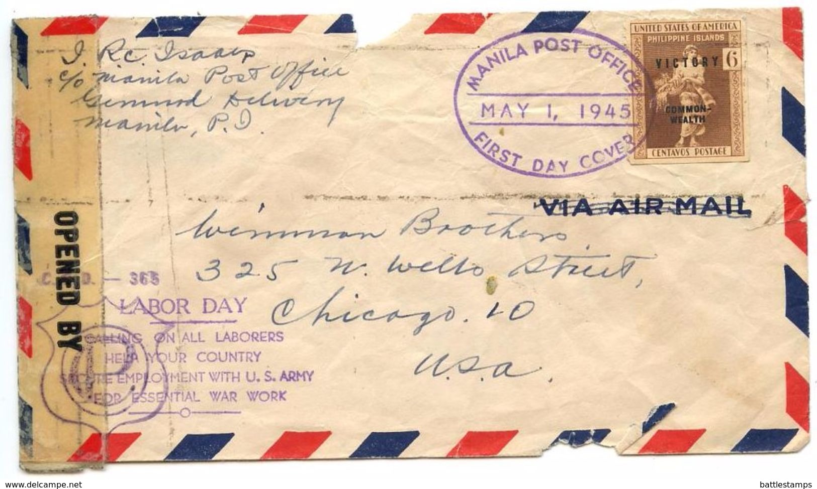 Philippines 1945 FDC Scott 487 Commonwealth & Victory Ovpts, Censor - Philippines