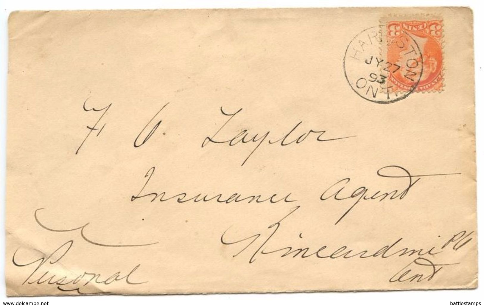 Canada 1893 Cover Harriston, Ontario To Kincardine W/ Scott 41 - Covers & Documents