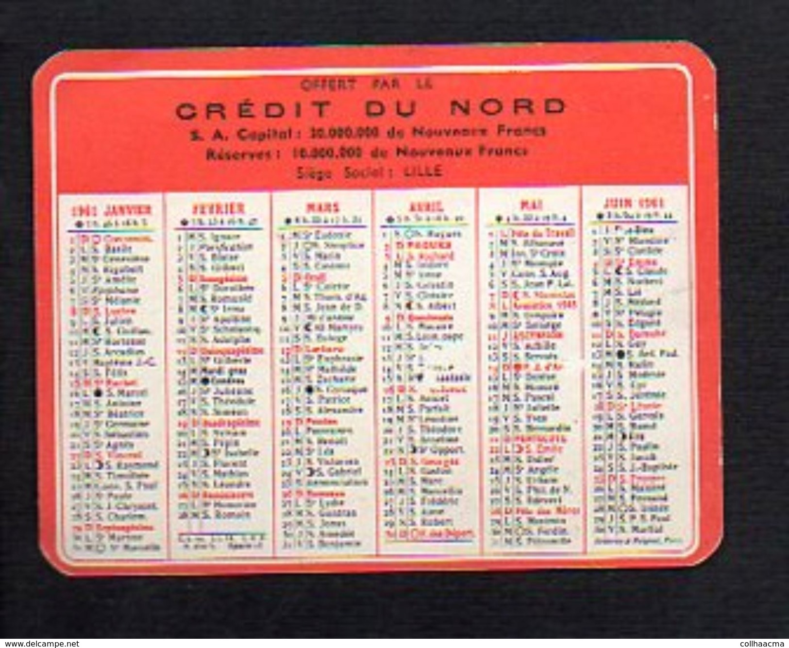 1961 Calendrier De Poche "Crédit Du Nord" à Lille & Lisieux ,bureau à Villers Sur Mer 14  >> Banque - Petit Format : 1961-70