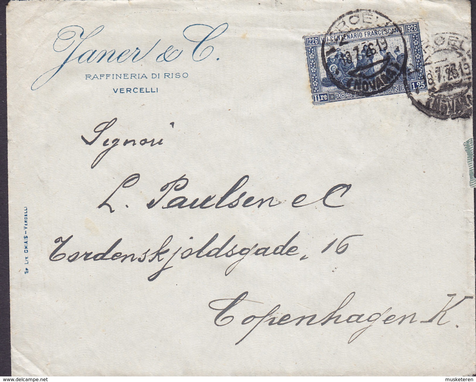 Italy JANER & C Raffineria Di Riso VERCELLI 1926 Cover Lettera Denmark Francescano Stamp - Storia Postale