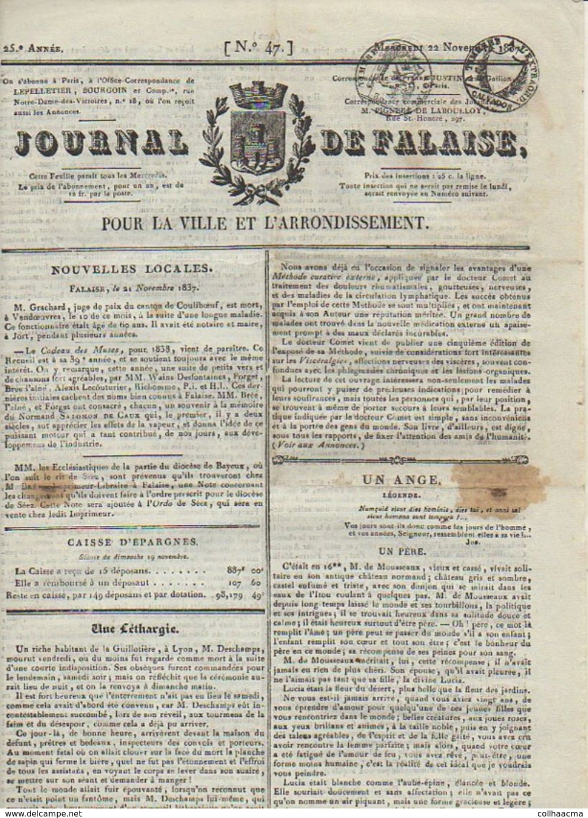 Journal De Falaise N° 47 1837 Pour La Ville Et L'Arrondissement / Nouvelles Locales,histoire,annonces Judiciaires Etc. - 1800 - 1849