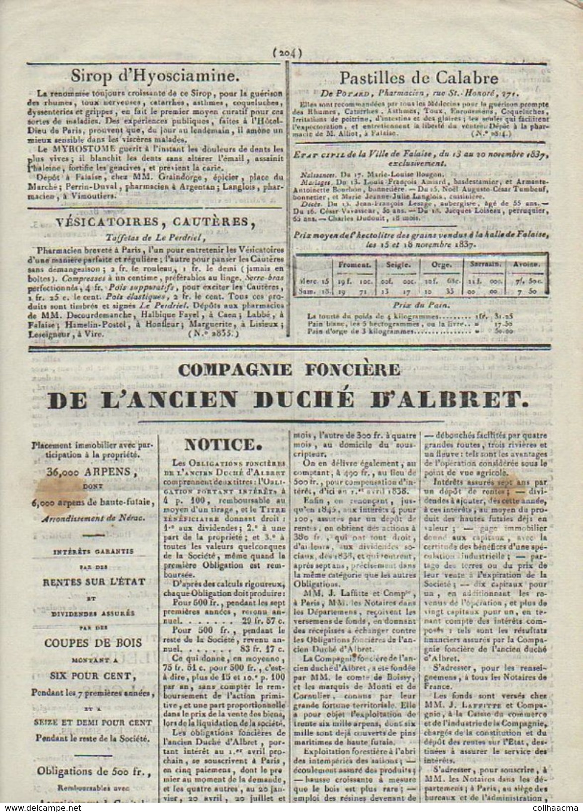 Journal De Falaise N° 47 1837 Pour La Ville Et L'Arrondissement / Nouvelles Locales,histoire,annonces Judiciaires Etc. - 1800 - 1849