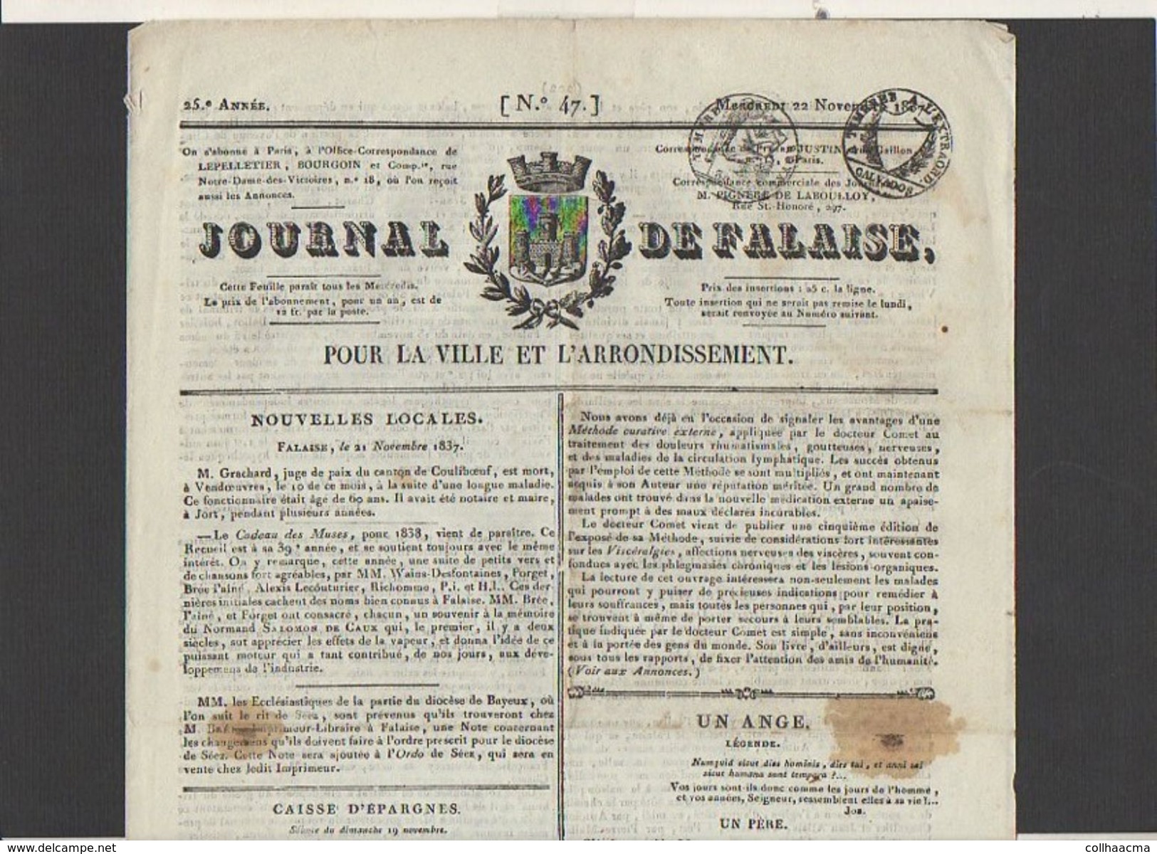 Journal De Falaise N° 47 1837 Pour La Ville Et L'Arrondissement / Nouvelles Locales,histoire,annonces Judiciaires Etc. - 1800 - 1849