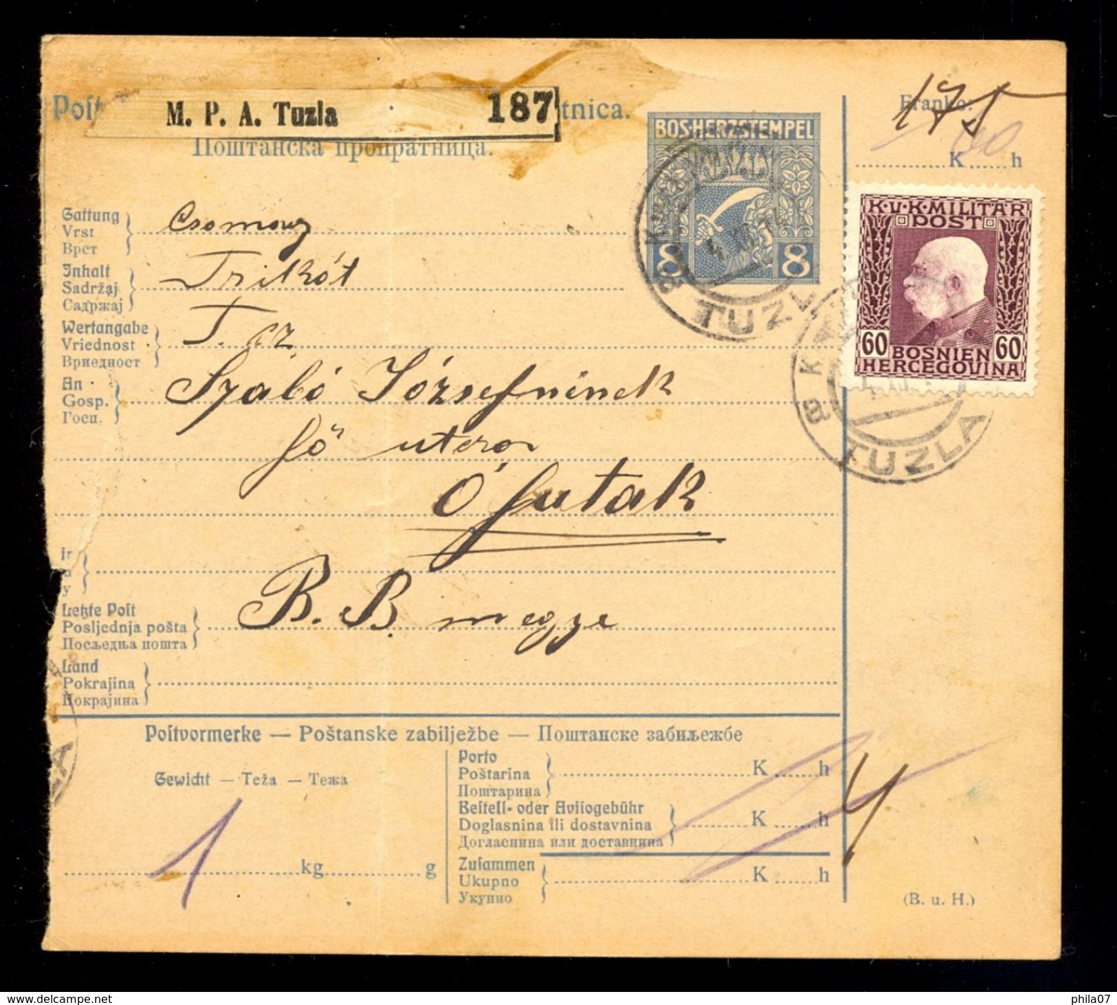 Bosnia, Austria - Parcel Card Sent From Tuzla To Ofutak-Slavonia 1914. / 2 Scans - Bosnia And Herzegovina