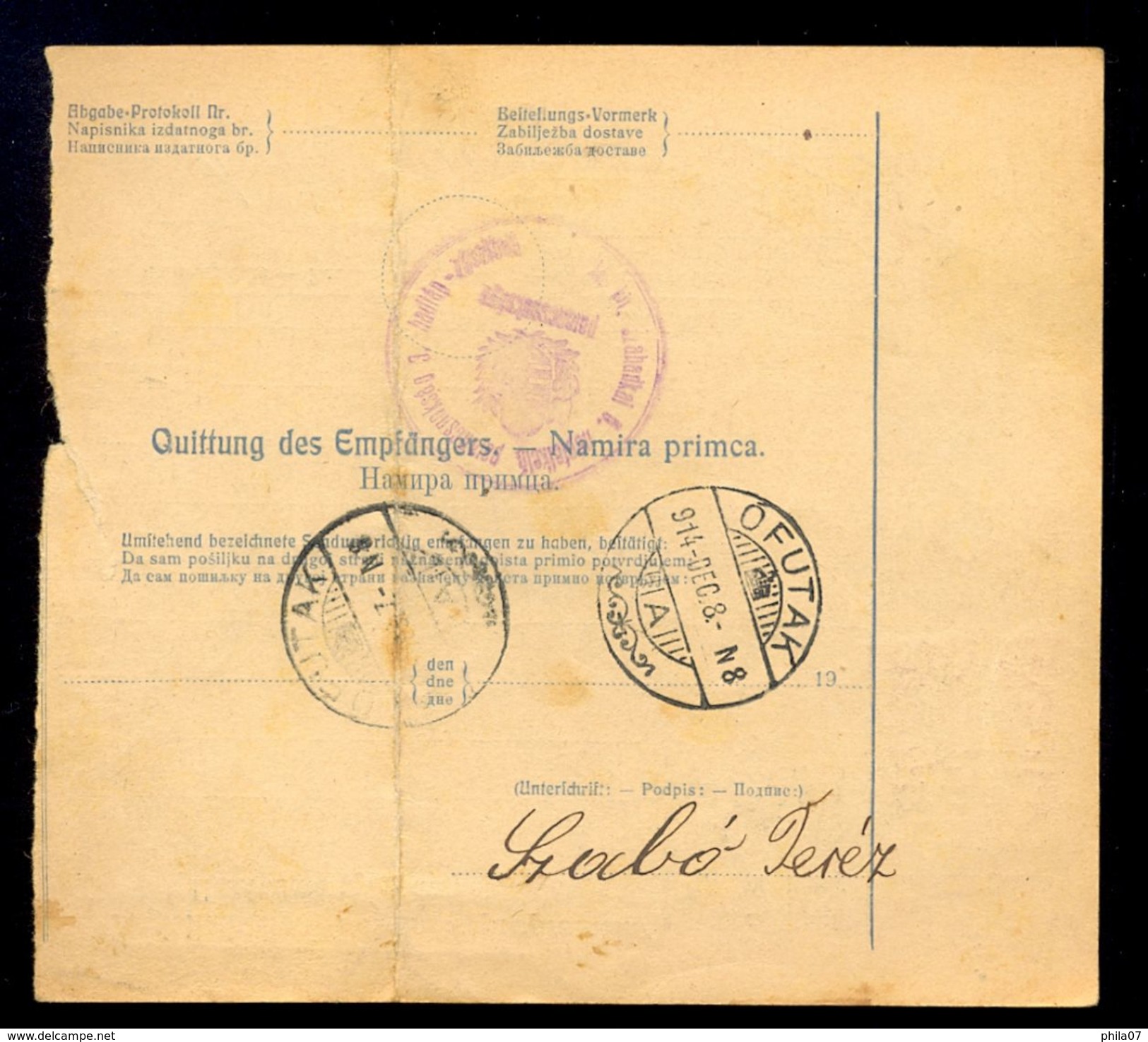 Bosnia, Austria - Parcel Card Sent From Tuzla To Ofutak-Slavonia 1914. / 2 Scans - Bosnia Erzegovina