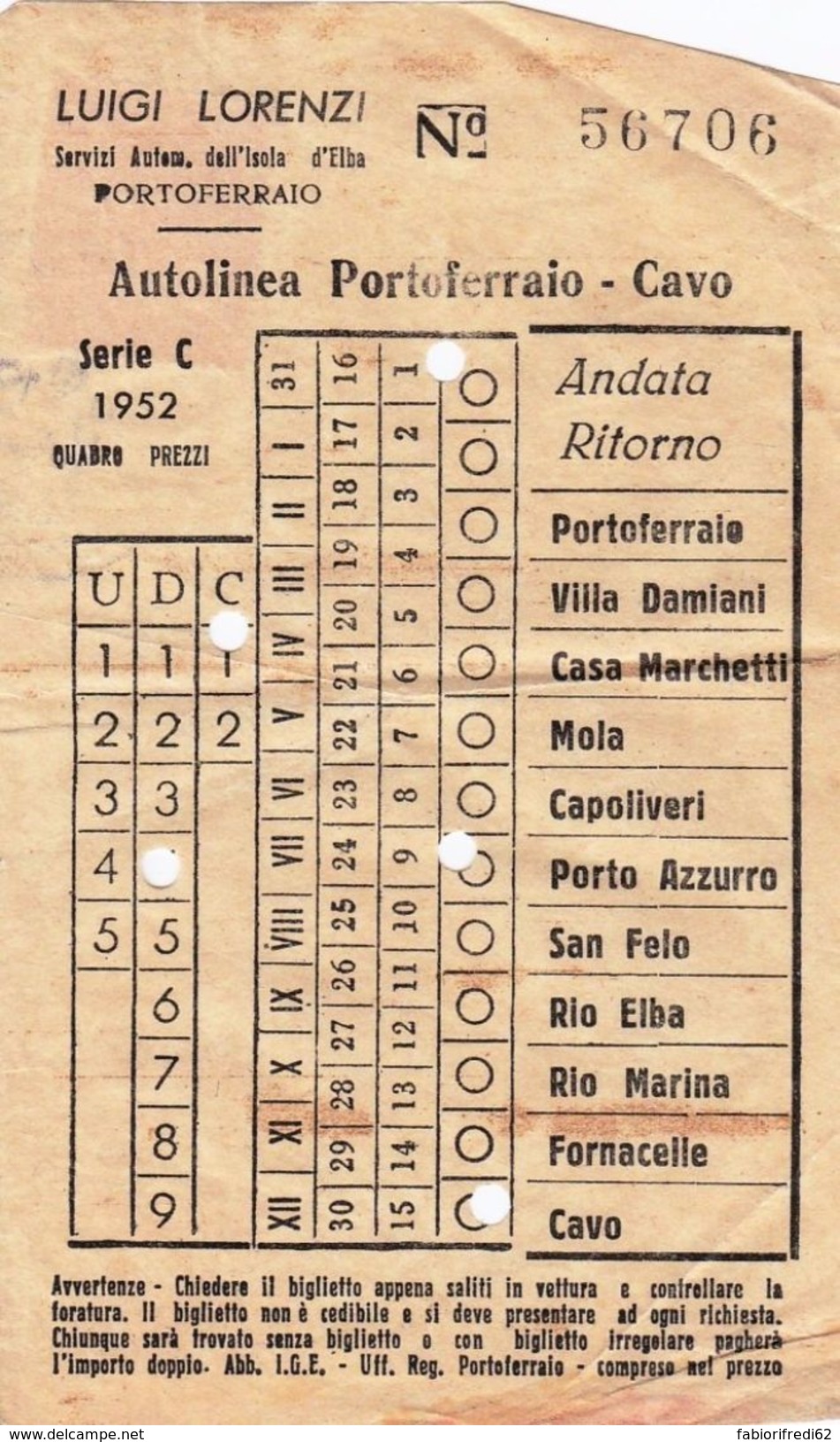 BIGLIETTO AUTOLINEA LUIGI LORENZI - PORTOFERRAIO CAVO - CON MARCA DA BOLLO (TR191 - Europa