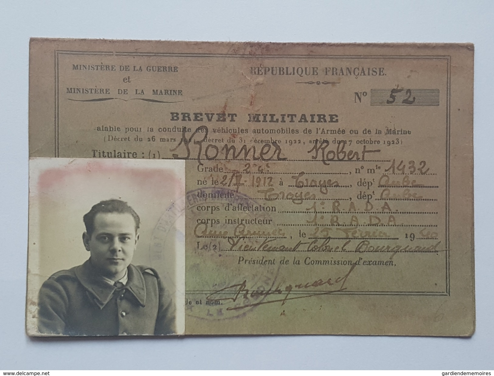 1er RADA Ministère De La Guerre Et De La Marine, Brevet Militaire Conduite D'Automobiles De L'Armée Ronner Robert Troyes - Documents