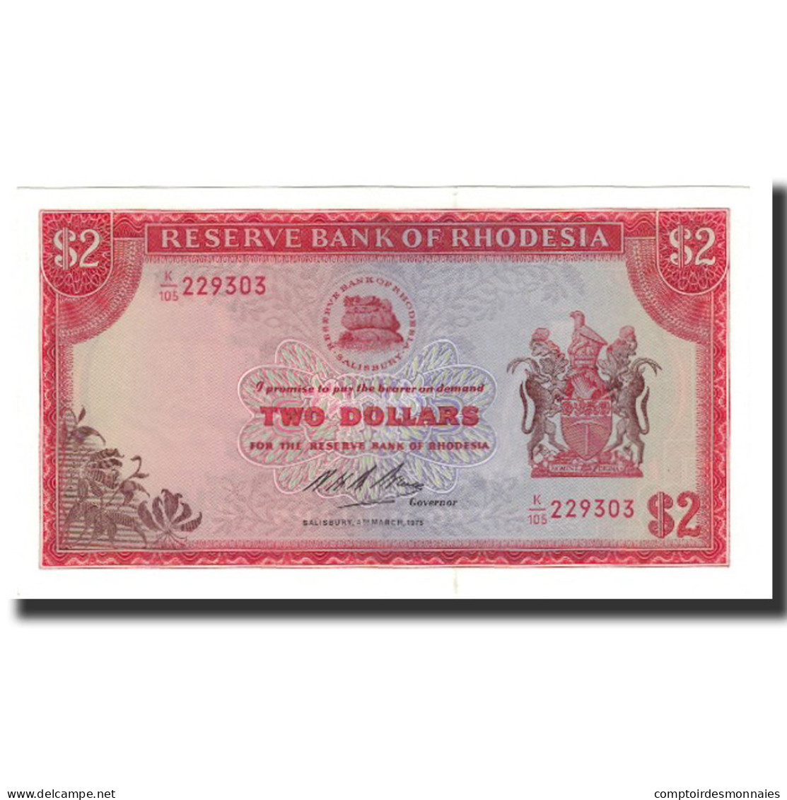 Billet, Rhodésie, 2 Dollars, 1975-03-04, KM:31j, NEUF - Rhodesien