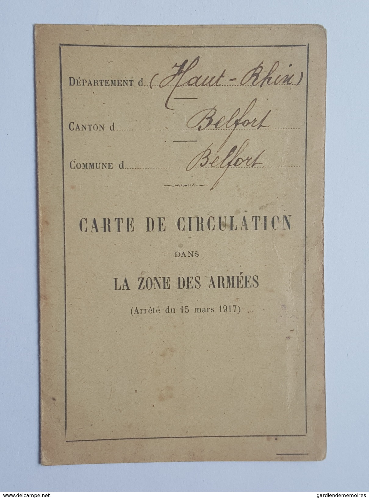 1919 - Carte De Circulation Dans La Zone Armées - Belfort Huguenard Marie Louise De Courchaton - Documents