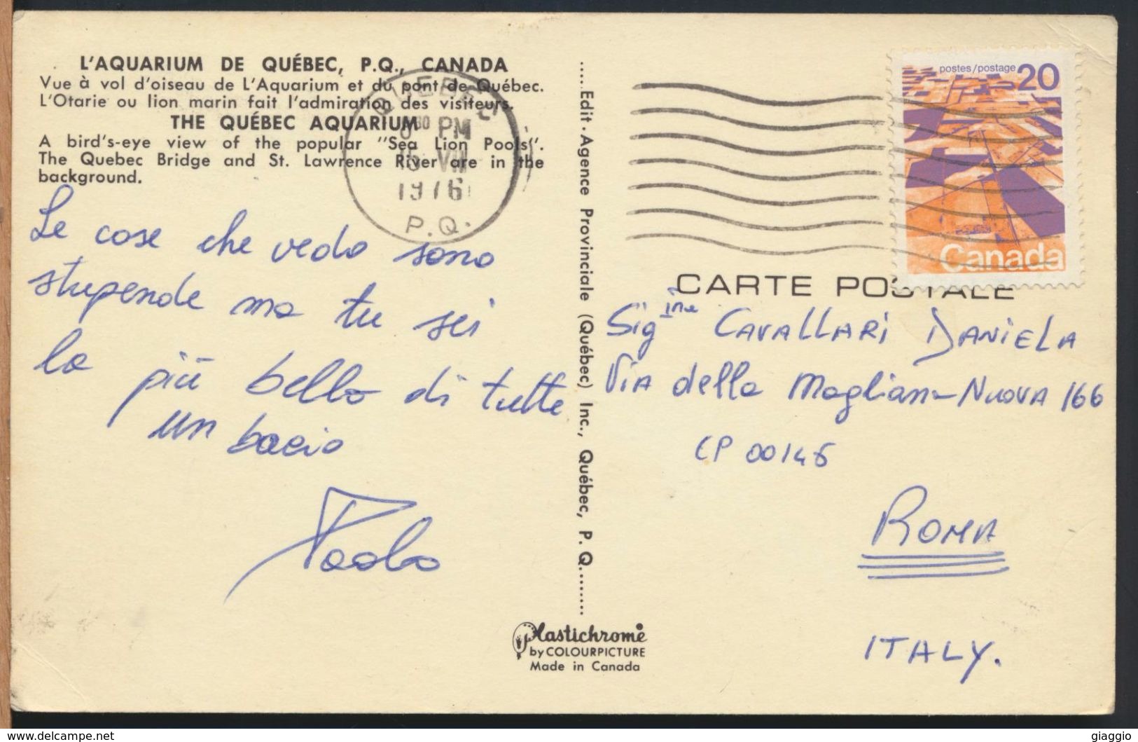 °°° 8117 - CANADA - QUEBEC - L'AQUARIUM - 1976 With Stamps °°° - Autres & Non Classés
