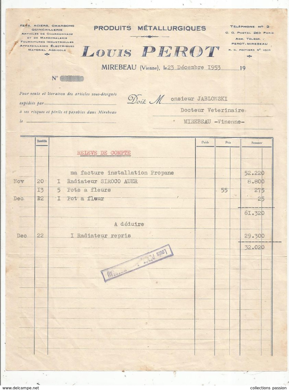 Facture , 1953 , Produits Méttalurgiques , Louis PEROT ,MIREBEAU , Vienne - 1950 - ...