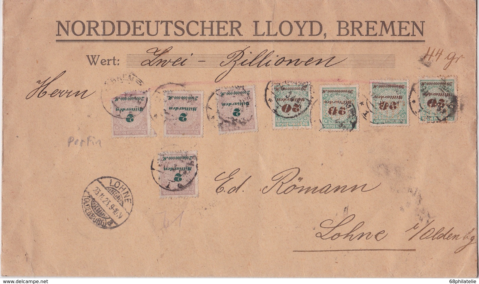 ALLEMAGNE 1923 LETTRE DE BREMEN  TIMBRES PERFORES / PERFIN - Sonstige & Ohne Zuordnung