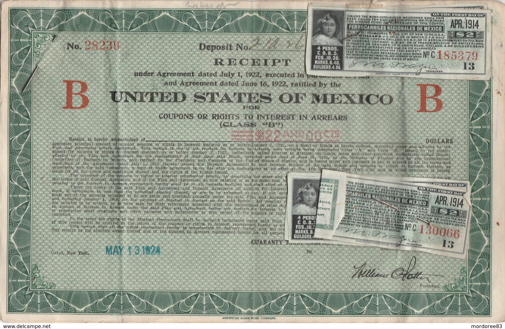 RECEIPT UNITED STATES OF MEXICO 1924 X4  -TDA223 - Banque & Assurance