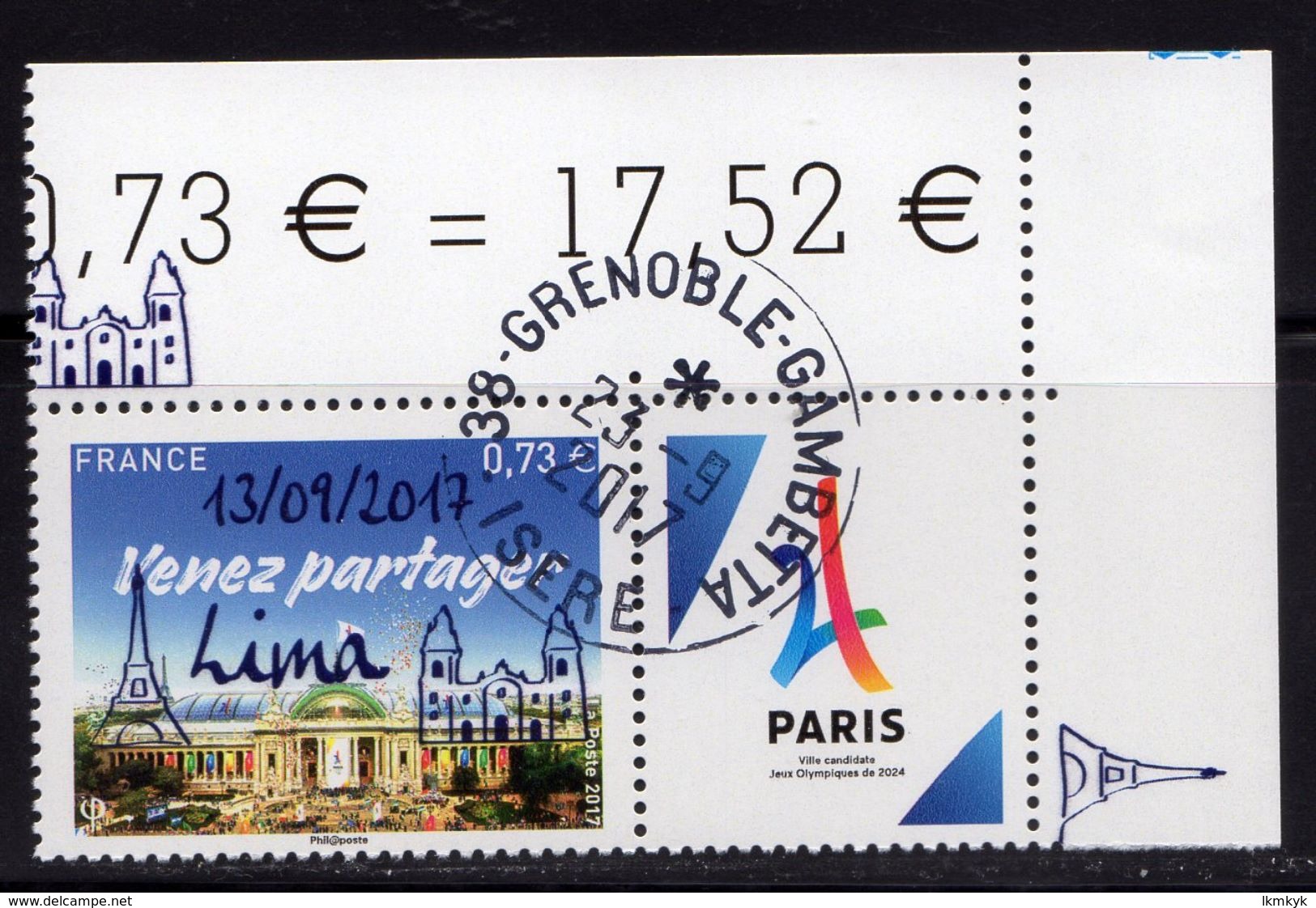 France 2017.Paris.Ville Candidate Jeux Olympiques De 2024.Cachet Rond Gomme D'origine.Surchargé Lima 13/09/2017. - Used Stamps