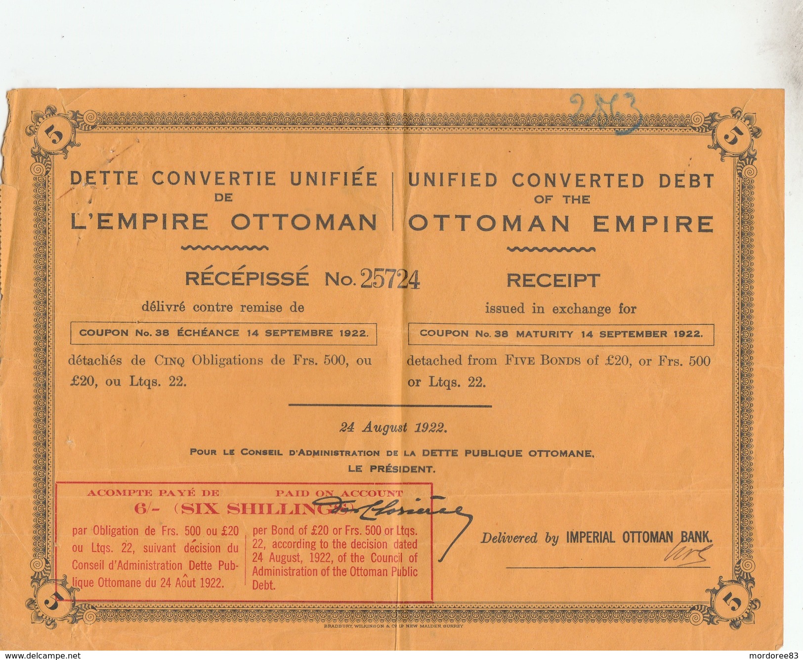 DETTE CONVERTIE UNIFIEE L EMPIRE OTTOMAN RECEPISSE 1922 - TDA223 - Bank En Verzekering