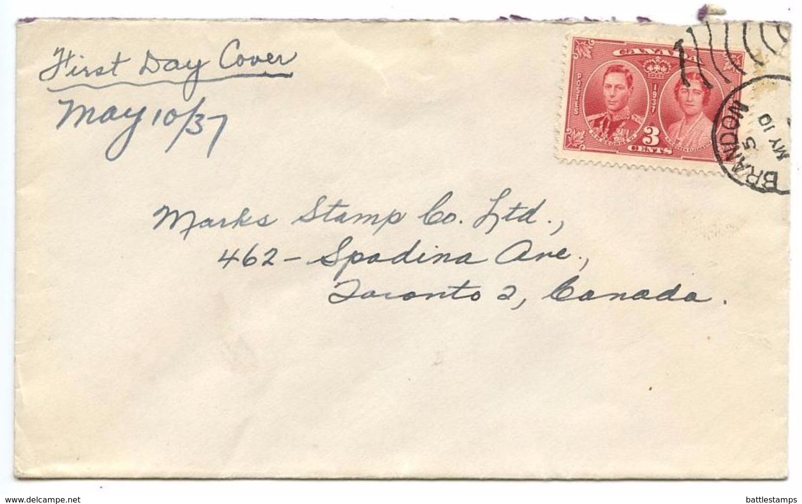 Canada 1937 FDC Scott 237 KGVI Coronation, Brandon Manitoba Postmark - ....-1951