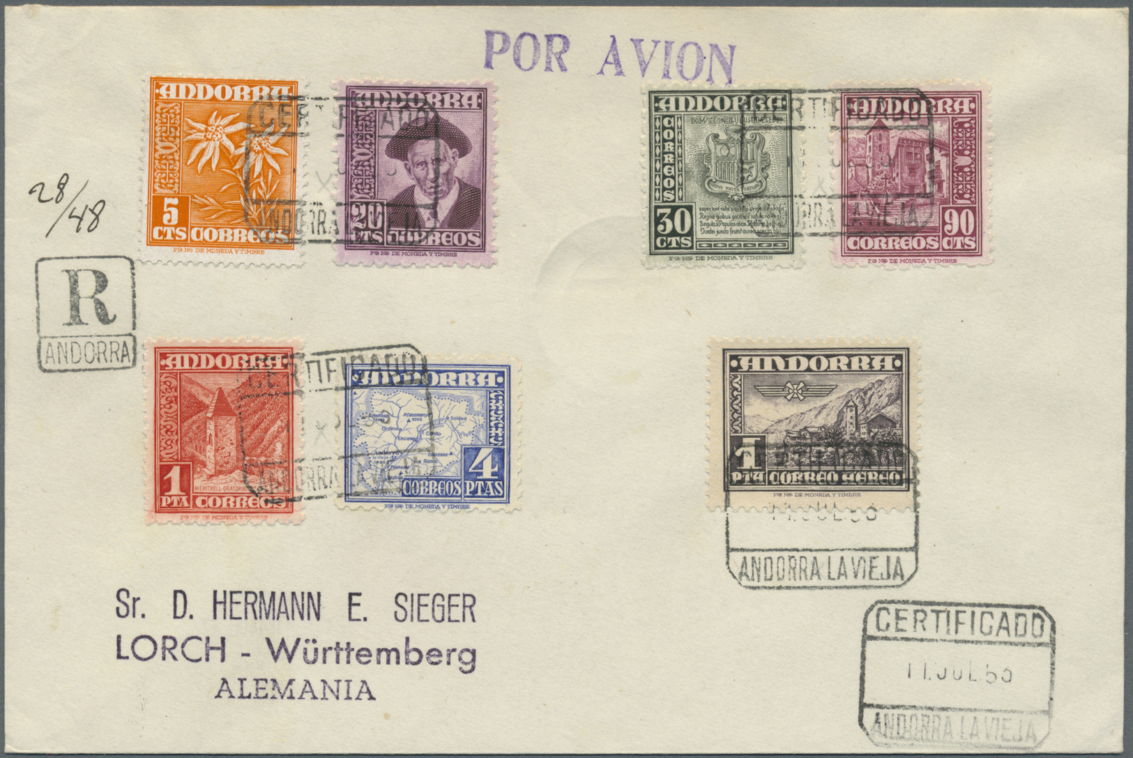 Br/ Andorra - Spanische Post: 1948/1953, Nationale Symbole: 28 Briefe Und Karten, Dabei Einschreiben, Fl - Autres & Non Classés