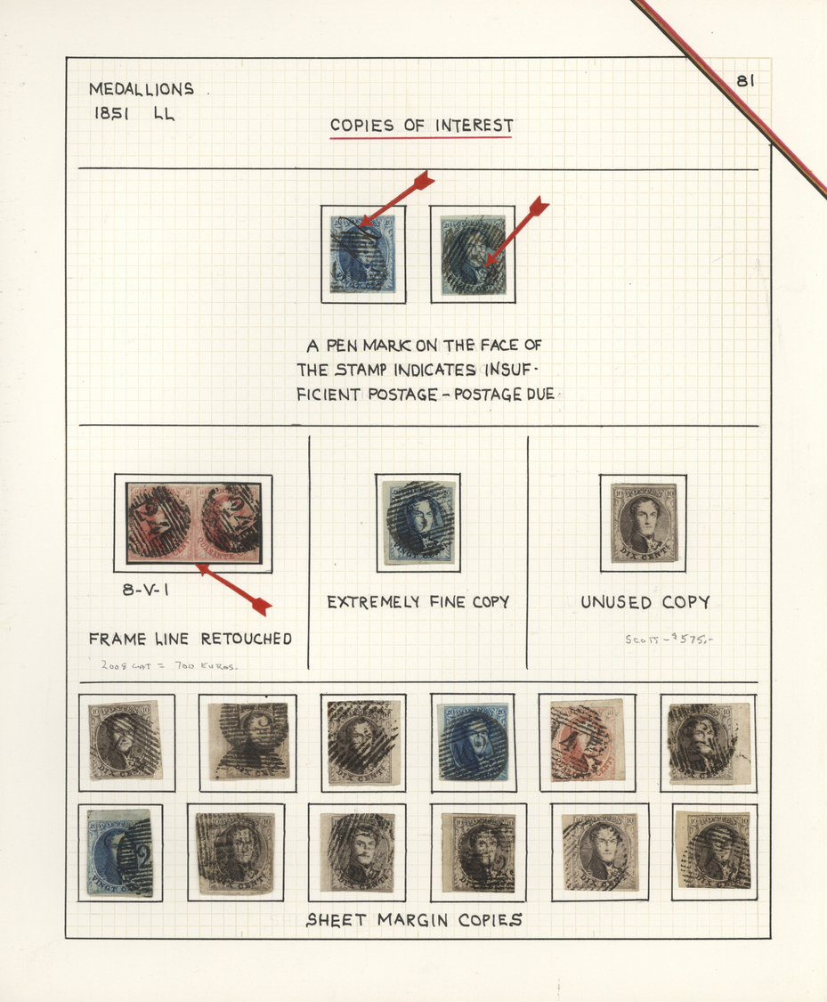 O/Br/Brfst Belgien: 1851/1854, deeply specialised collection of the 3rd Medaillon issue, neatly arranged in 2 a