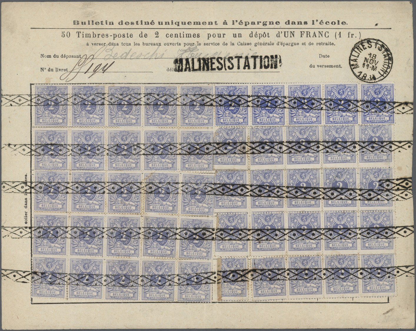 Br Belgien - Besonderheiten: 1884, Large Forms "solely For School Savings" (7) For 2 C. X 50 (3, Large - Andere & Zonder Classificatie