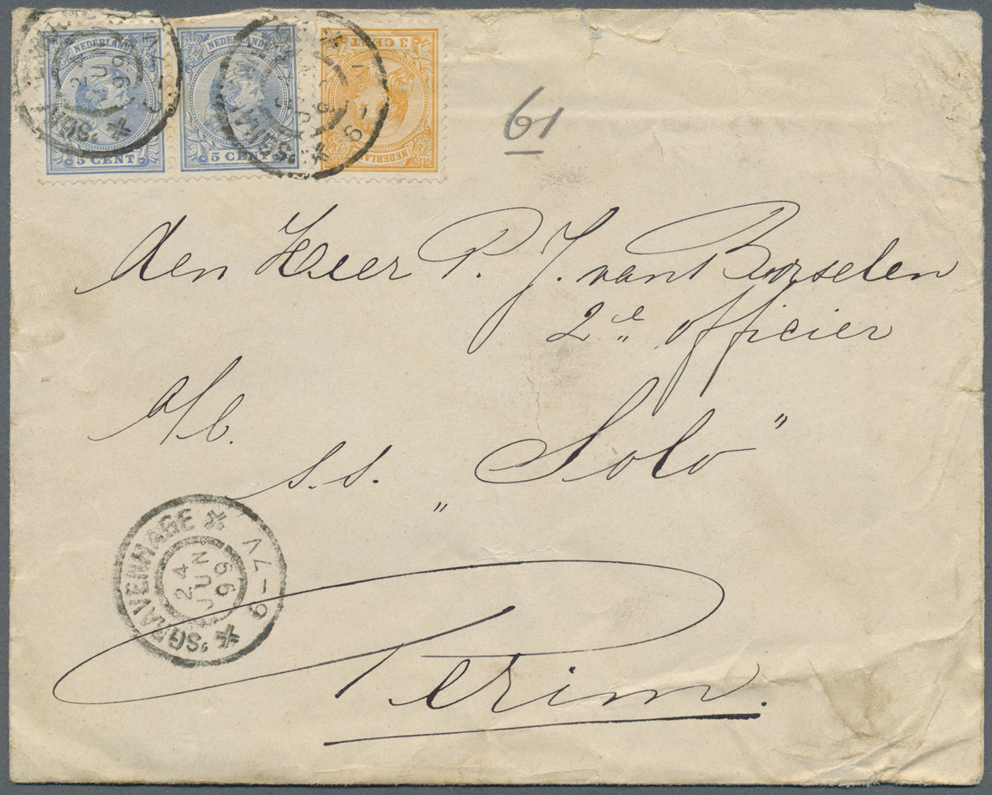 Br Aden: 1899, Incoming Mail, PERIM: Netherlands 5 C. (pair) 3 C. Tied S'GRAVENHAGE 24 JUN 99" To 2nd O - Yemen