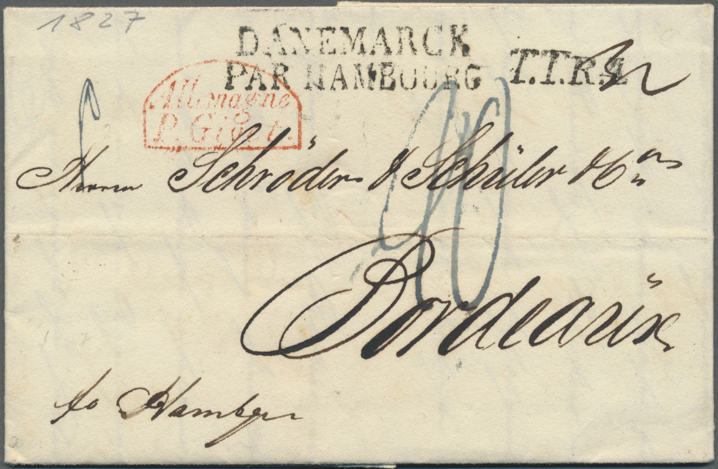 Br Dänemark: 1827/1867, lot of nine entires from one pre-philatelic letter, main value frankings 4s. br