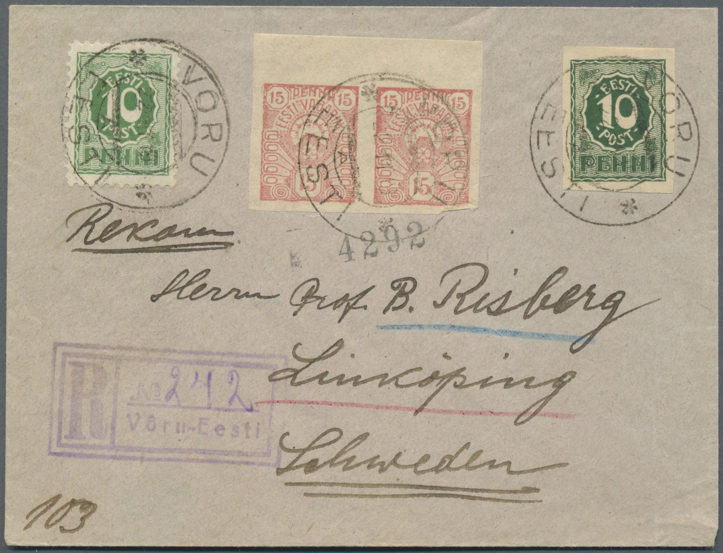 Br Estland: 1919 - 1920, Lot Of 15 Covers From (mostly) Famouse RISBERG Correspondance. Some Small Faul - Estonia