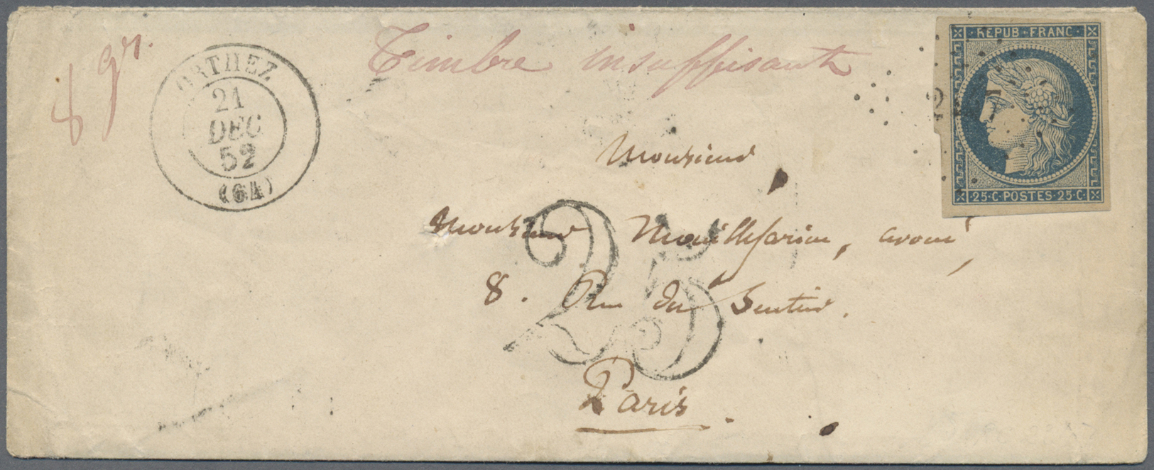 Br Frankreich: 1849/1852, CERES, Group Of Twelve Entires Bearing Frankings 20c. Black And 25c. Blue, Sh - Usati