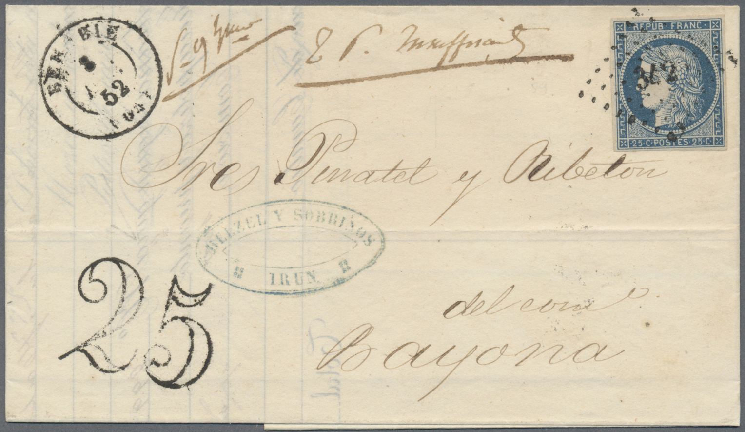 Br Frankreich: 1849/1852, CERES, group of twelve entires bearing frankings 20c. black and 25c. blue, sh