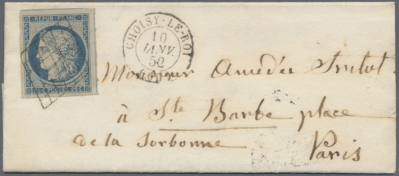 Br Frankreich: 1849/1852, CERES, group of twelve entires bearing frankings 20c. black and 25c. blue, sh