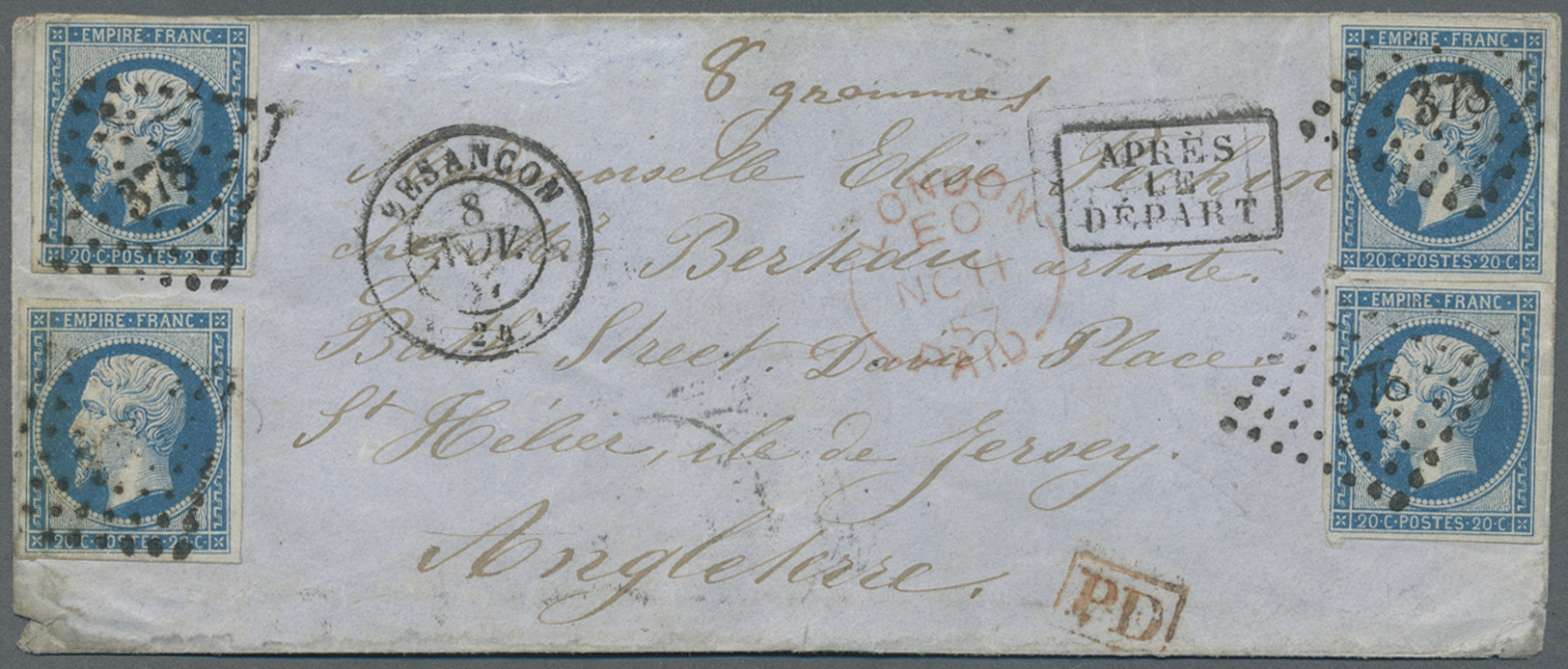 Br Frankreich: 1856/1882, Lot Of Five Entires, E.g. "Empire Nd" 20c. Blue (4) On Cover To England, 80c. - Oblitérés