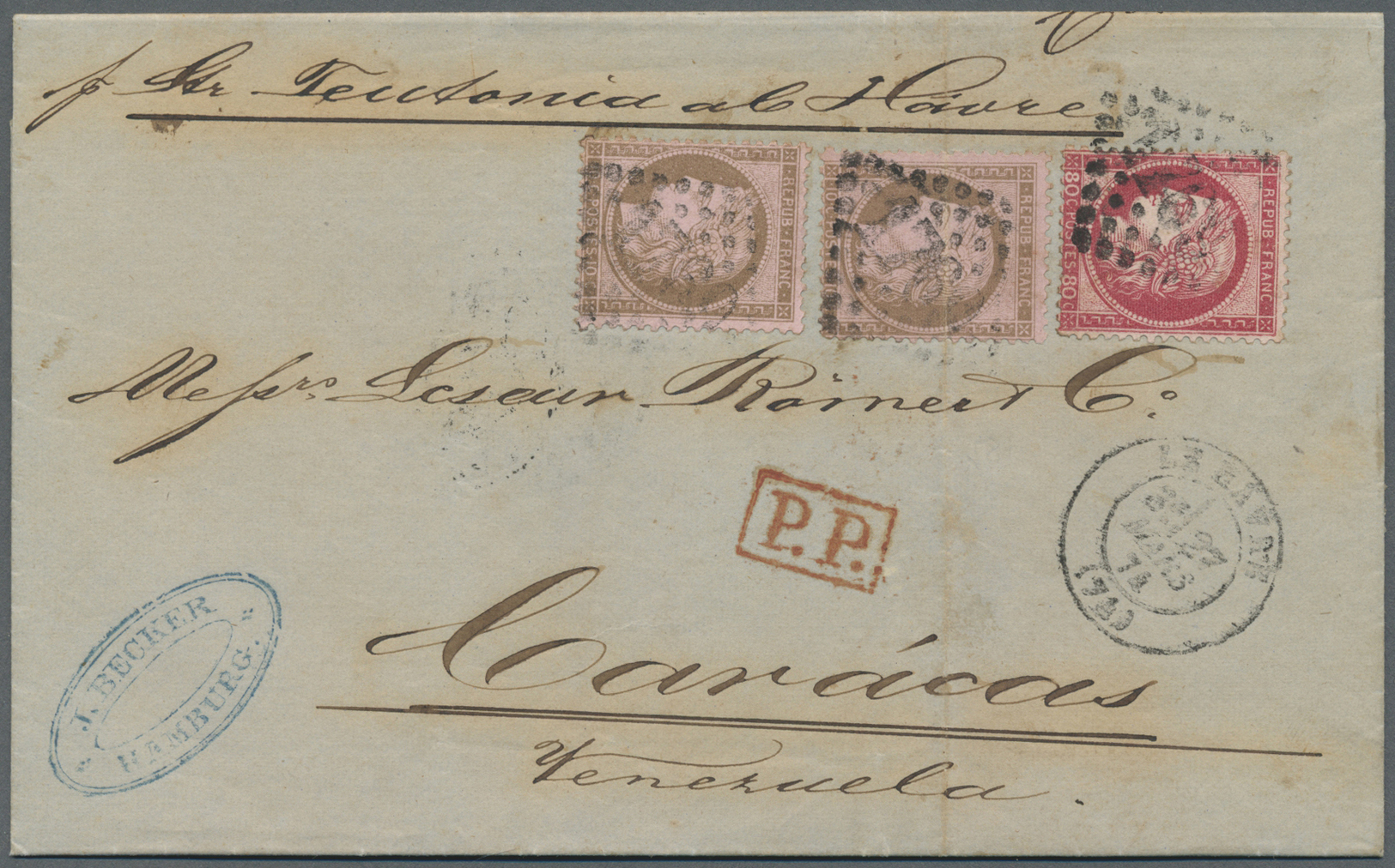 Br Frankreich: 1856/1882, Lot Of Five Entires, E.g. "Empire Nd" 20c. Blue (4) On Cover To England, 80c. - Used Stamps